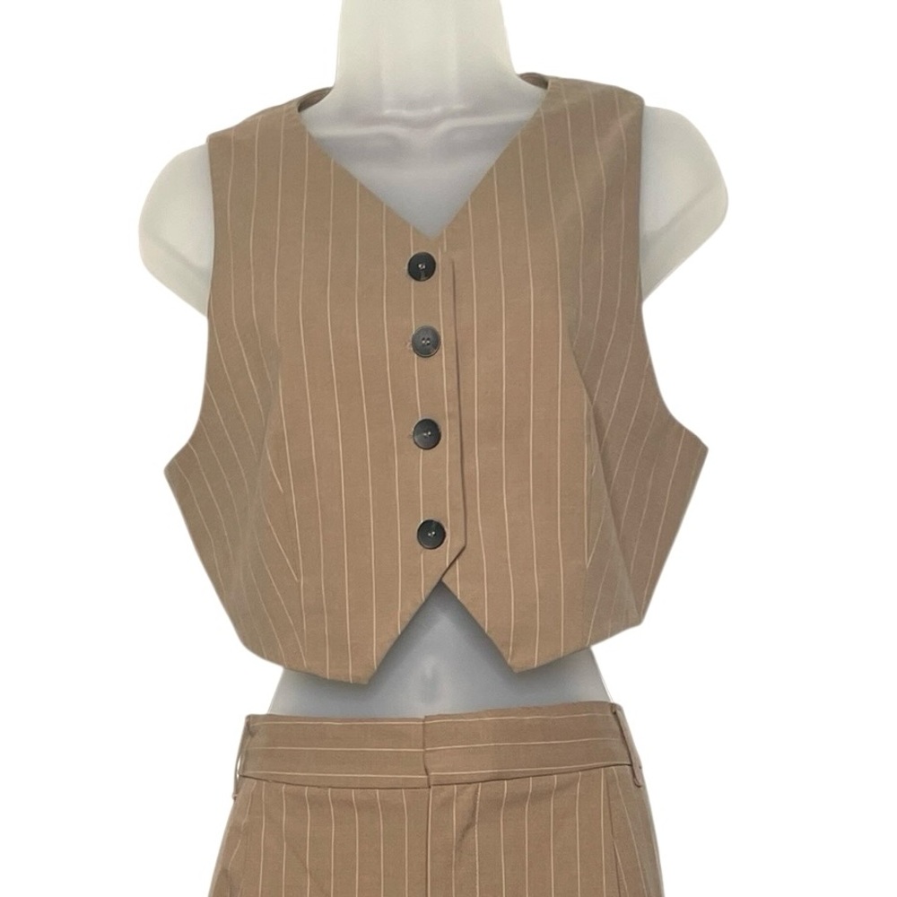 💜 Zara Brown & Cream Adjustable Pinstripe Vest | Size: XL - Picture 3 of 7